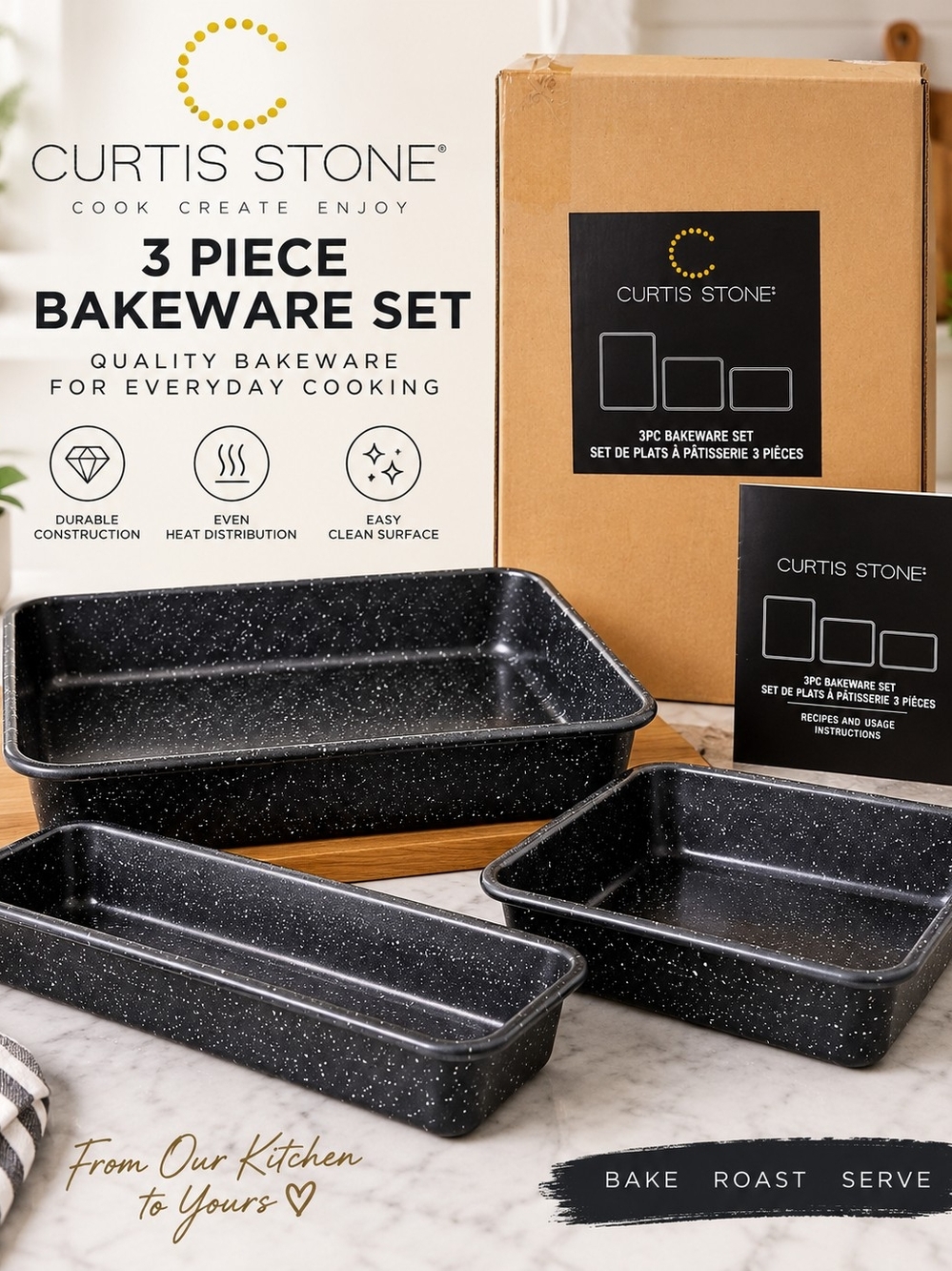 Curtis Stone Dura-Bake 3PC Nonstick Bakeware Set Black Speckled New